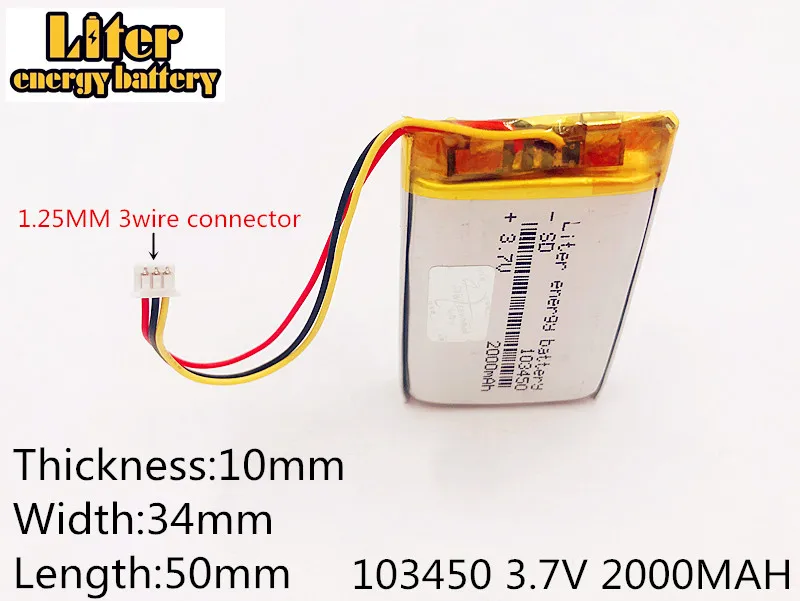 

li-po 1.25mm connector 103450 3.7V 2000MAH lipo polymer lithium rechargeable battery GPS navigator DVD recorder headset e-book