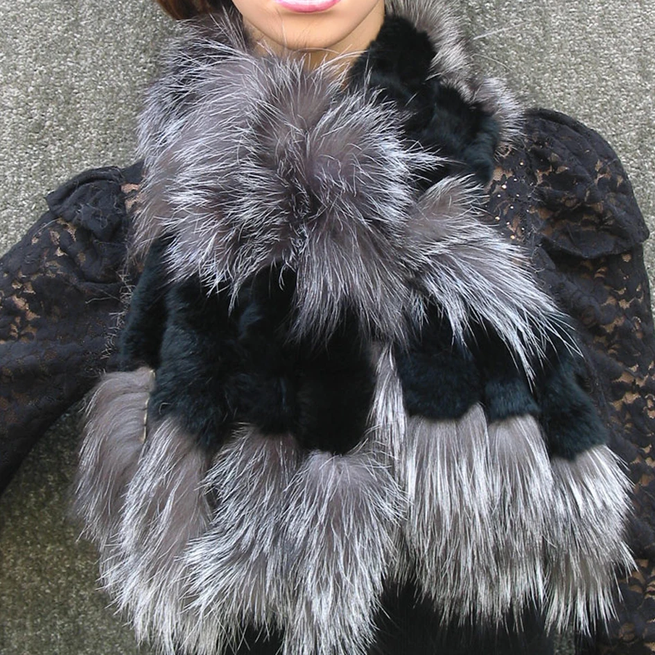 

050201B brown + black color New Fox fur c/w rex rabbit fur scarf wrap cape shawl best christmas gift R