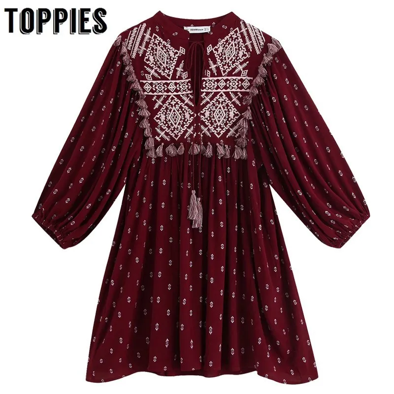 2019 Autumn Wine Red Tassel Dress Vintage Geometric Embroidered Lantern Sleeve Party Dress Boho Style BB9462
2019 Autumn Wine Red Tassel Dress Vintage Geometric Embroidered Lantern Sleeve Party Dress Boho Style BB9462