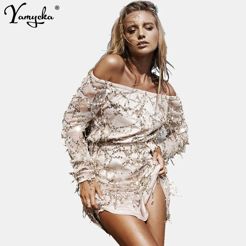 Sexy Off Shoulder sequins Summer Dress women Mesh long sleeve tassel Slash neck elegant bodycon Night club party dress vestido
Sexy Off Shoulder sequins Summer Dress women Mesh long sleeve tassel Slash neck elegant bodycon Night club party dress vestido