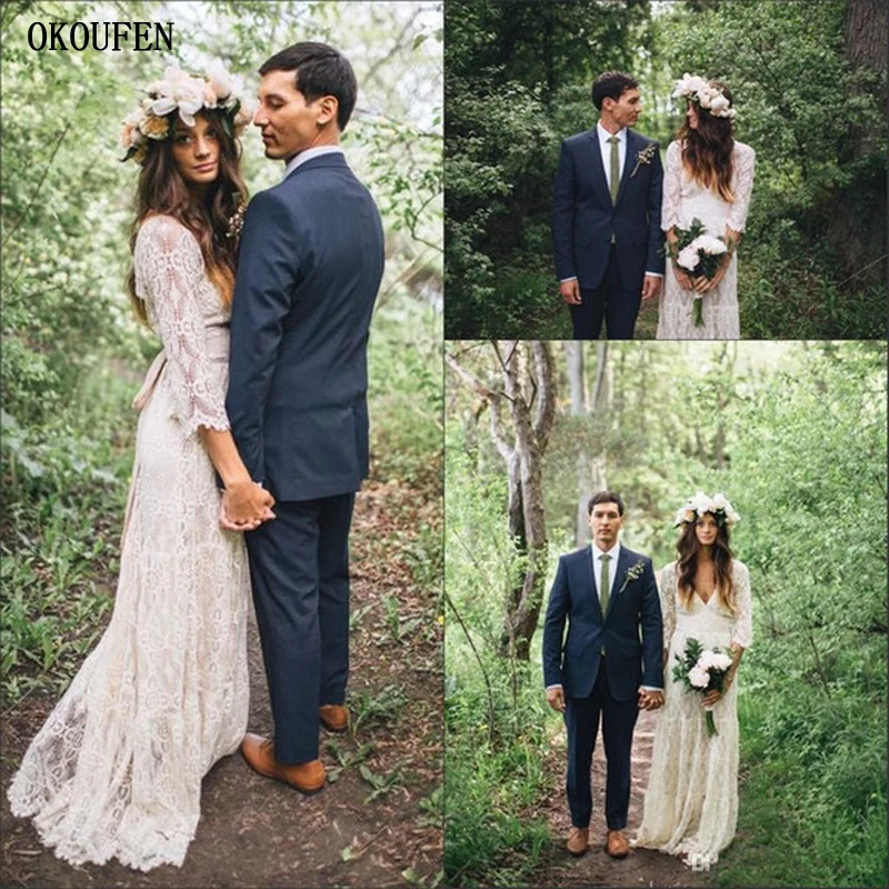 Full Lace Boho Wedding Dresses 2019 Bohemian 3/4 Sleeves V-Neck Country Bride Ribbon vestidos de noiva robe mariage Bridal Gown
Full Lace Boho Wedding Dresses 2019 Bohemian 3/4 Sleeves V-Neck Country Bride Ribbon vestidos de noiva robe mariage Bridal Gown