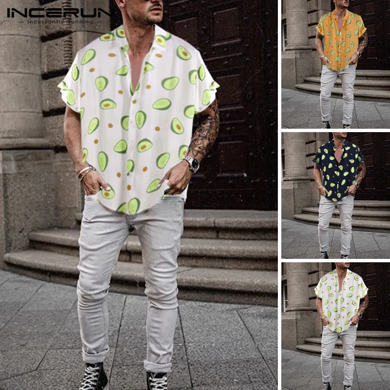 INCERUN New Fashion Summer Hawaiian Men Shirt Avocado Print Lapel 2019 Streetwear Casual Holiday Personality Camisa Masculina7