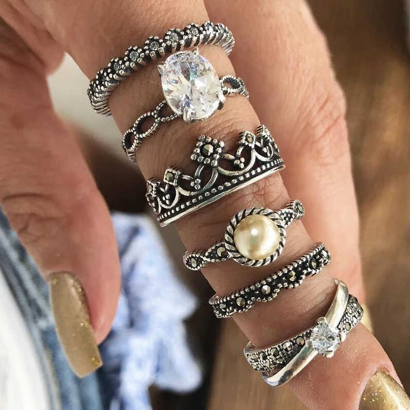 Vintage Zircon Crystal Imitation Pearl Ring Set 6pcs/ set Metal Crown Rings for Women Finger Joint Ring Sets Free Shipping
Vintage Zircon Crystal Imitation Pearl Ring Set 6pcs/ set Metal Crown Rings for Women Finger Joint Ring Sets Free Shipping