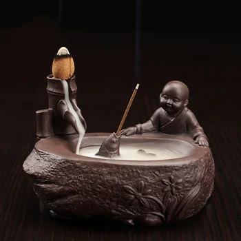 

Bouddha Decoration Ceramic Incense Burner Censere Little Monk Small Buddha Incense Cone Stick Holder Backflow +10pc Cone Incense