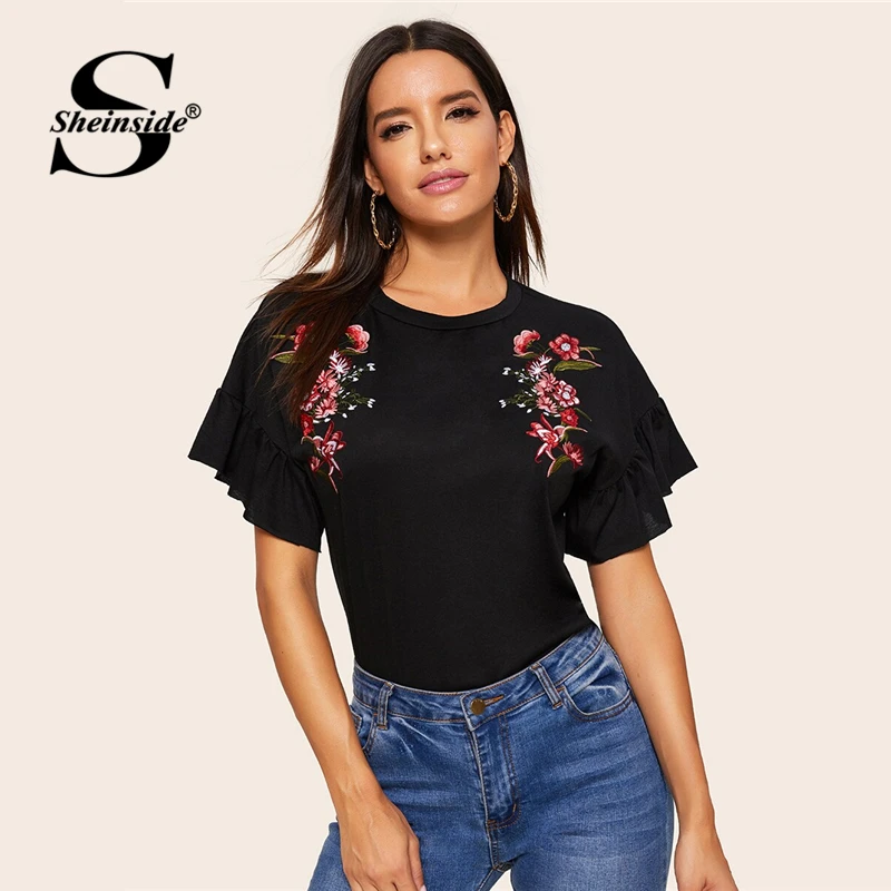 

Sheinside Casual Black Embroidered Detail Flounce Sleeve T-Shirt Women 2019 Summer Short Sleeve Tee Top Ladies Basic Top