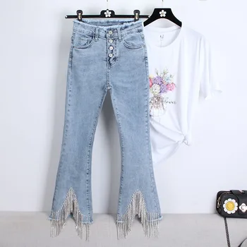 2019 spring women new fashion drill tassel chain flare pants female Slim high waist stretch denim pants 1943
2019 spring women new fashion drill tassel chain flare pants female Slim high waist stretch denim pants 1943