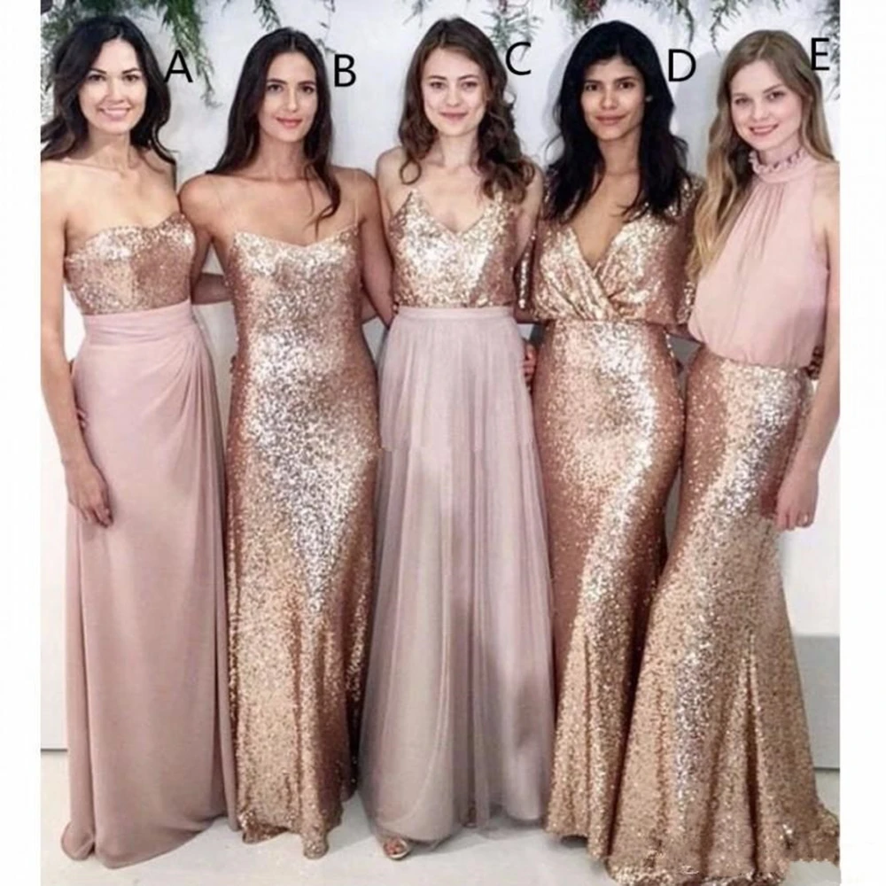 

Modest Blush Pink Beach Wedding Bridesmaid Dresses with Rose Gold Sequin Mismatched Wedding Party Maid of Honor Gowns Women