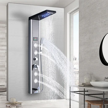 

Black/Brushed Nickel Shower Panel LED Bathroom Bath Shower Column Tower Digital Screen Waterfall Rain shower Mixers Massage Jets