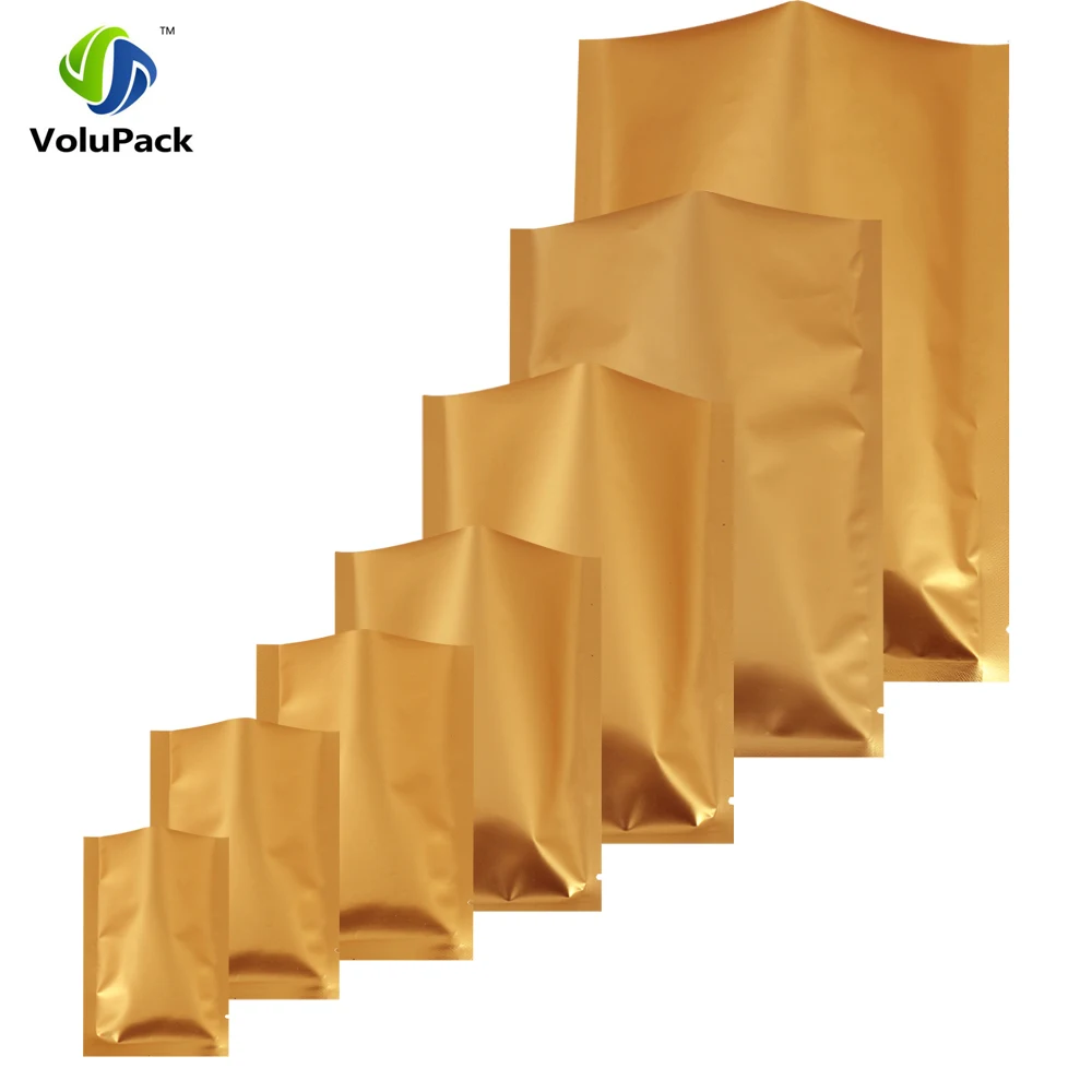 

Various Sizes Flat Pouches Double Sided Gold Heat Sealable Metallic Mylar Open Top Packaging Bag 100pcs