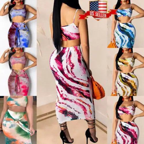 2019 New Hot Sale Fashion Sexy Style USA Womens 2 Piece Casual Bodycon Two Crop Tops and Skirt Set Lace Up Dress Party |