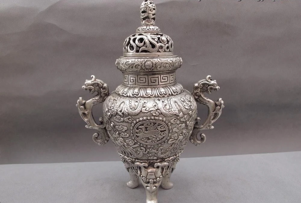 Chinese Buddhism White Copper Silver Dragon Elephant Ding Censer incense burner
Chinese Buddhism White Copper Silver Dragon Elephant Ding Censer incense burner