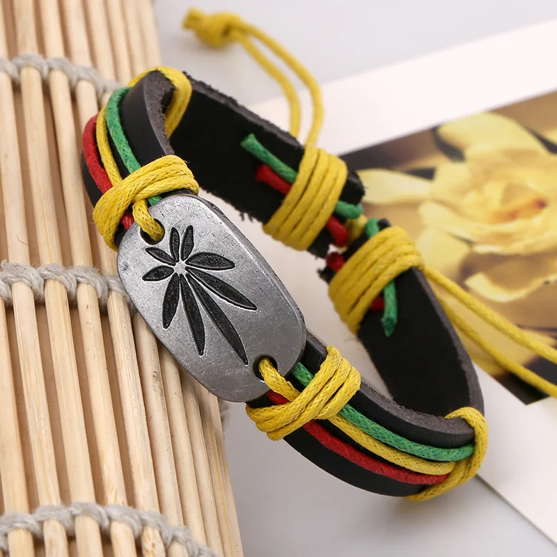 Popular Rasta Hemp Cord Handmade Braided Rope Leather Bracelet & Bangle Leaf Charm Wrap Bracelets Hiphop Jewelry For Men Women
Popular Rasta Hemp Cord Handmade Braided Rope Leather Bracelet & Bangle Leaf Charm Wrap Bracelets Hiphop Jewelry For Men Women