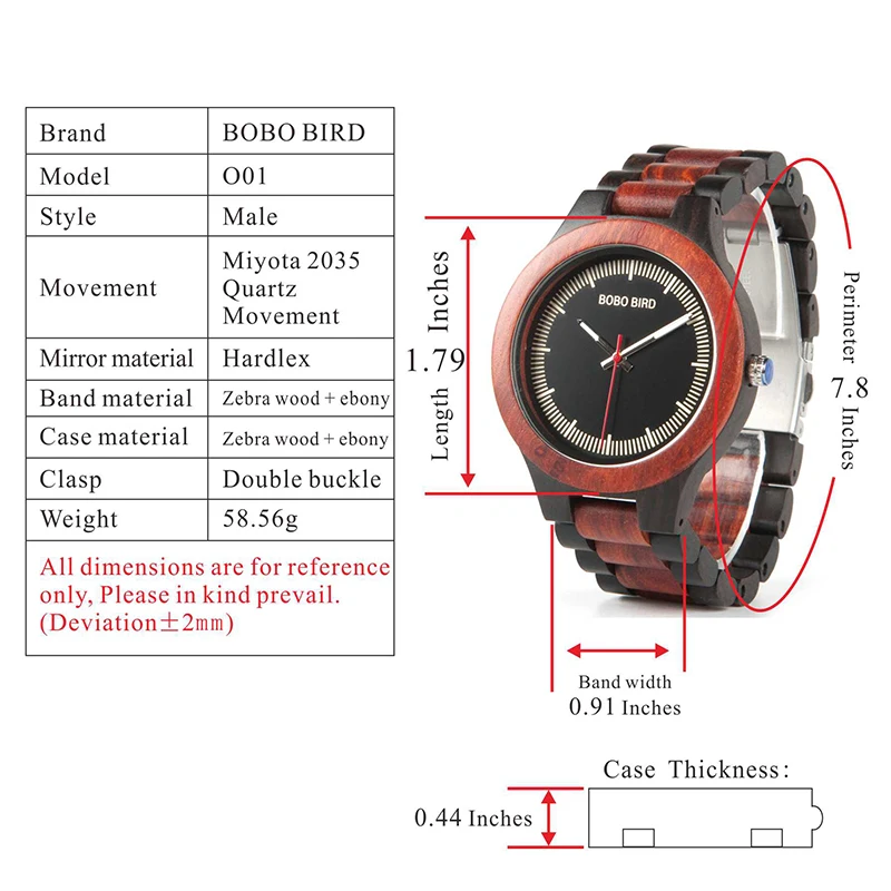 BOBO BIRD WO01O02 Wood Watch Ebony RedWood Pine Wooden Watches for Men Two-tone Wood Quartz Watch with Tool for Adjusting Size 32