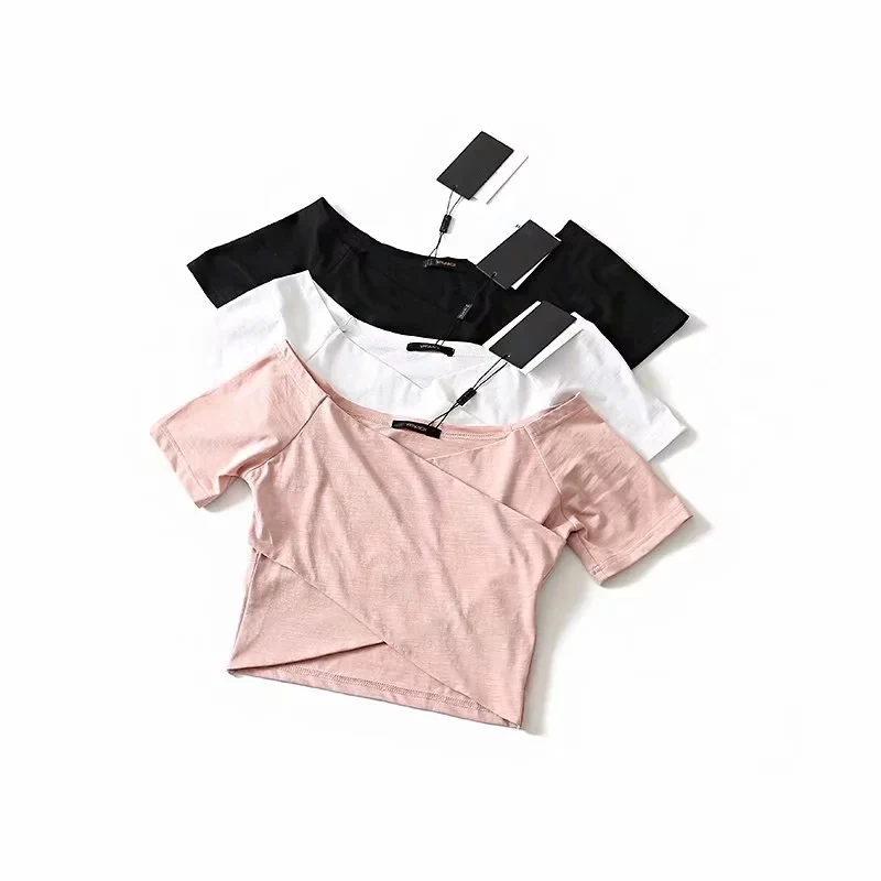 Women Dew shoulder V-neck crop Fashion Tops Short Sleeve T Shirt Solid cotton Tees white black Summer Slim Sexy Top Tee Female
Women Dew shoulder V-neck crop Fashion Tops Short Sleeve T Shirt Solid cotton Tees white black Summer Slim Sexy Top Tee Female