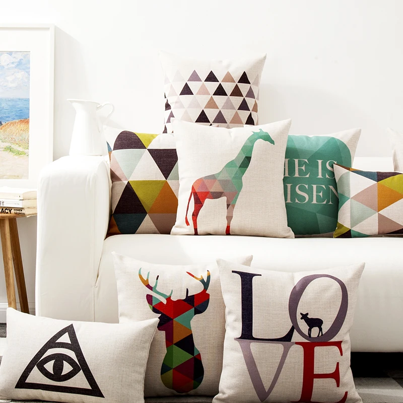 

Nordic Retro Geometric Cartoon Giraffe Deer Pillow Cushion Cover Home Decorative Pillows Thick Linen Pillows Case Sofa Cushions
