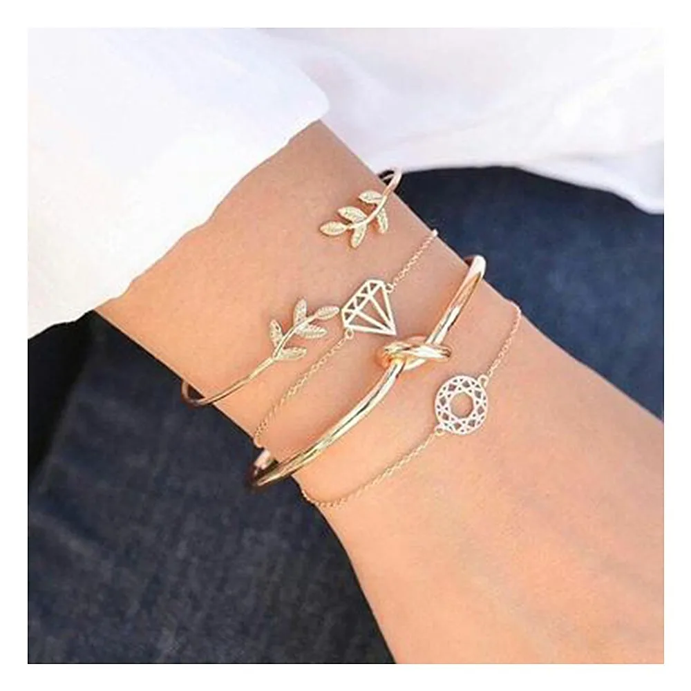 KISSWIFE 4 Pcs/Set Bohemian Leaves Knot Round Chain Opening Gold Bracelet Set Women Fashion Apparel Jewelry Valentines Day Gift
KISSWIFE 4 Pcs/Set Bohemian Leaves Knot Round Chain Opening Gold Bracelet Set Women Fashion Apparel Jewelry Valentines Day Gift