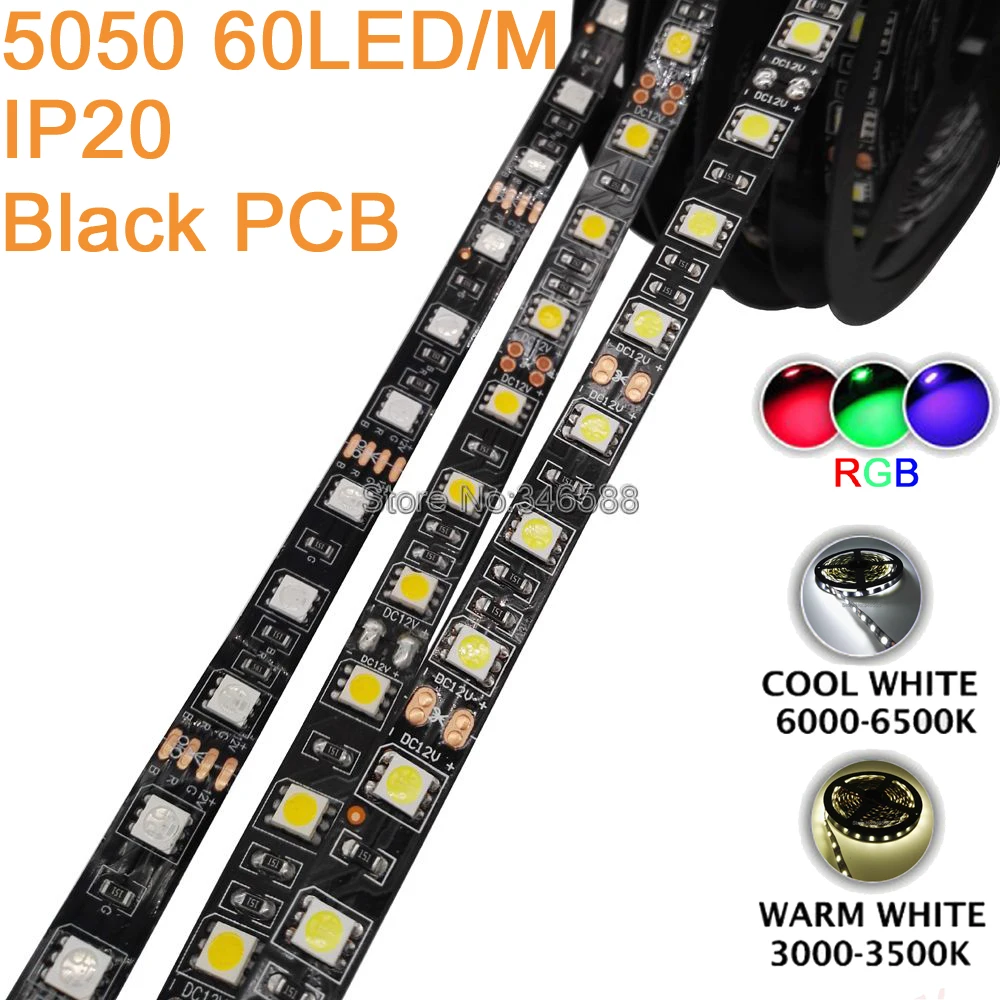 

5M DC12V 10mm Black PCB 5050SMD 60LED/M 300LEDs IP20 Non-Waterproof Flexible LED Strip Light, RGB Multi-Color, White, Warm White