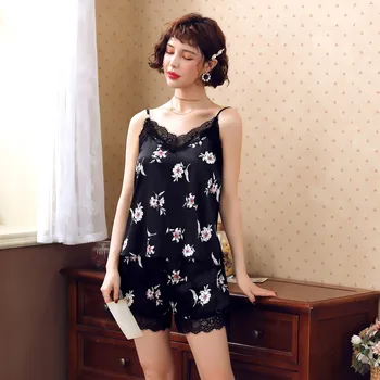 Summer Hot New Women's Silk Silk Pajamas Print Sling Lace Pajama Set Sexy Pajamas Short Sleeve Shorts Set пижама gecelik 40*
Summer Hot New Women's Silk Silk Pajamas Print Sling Lace Pajama Set Sexy Pajamas Short Sleeve Shorts Set пижама gecelik 40*