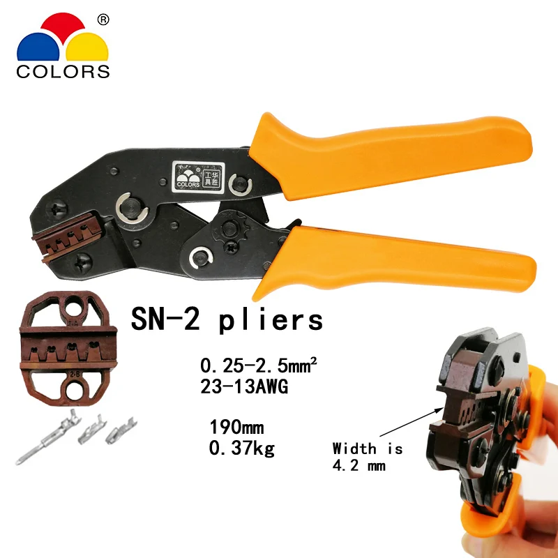 COLORS SN-2 crimping plier capacity 0.25-2.5mm2 23-13AWG for unisuated receptacles and TAB 2.54 3.96 C3 terminals tools
COLORS SN-2 crimping plier capacity 0.25-2.5mm2 23-13AWG for unisuated receptacles and TAB 2.54 3.96 C3 terminals tools