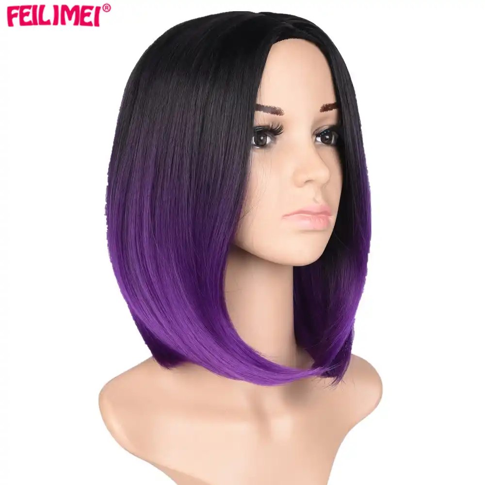 Feilimei Ombre Bob Wig Synthetic Black Short Straight Hair Ombre Pinpurple Blonde Gray 160g African American Cosplay Wigs