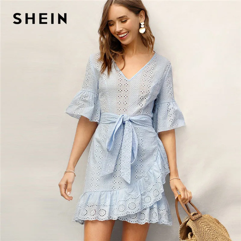 

SHEIN Blue Bell Sleeve Ruffle Wrap Hem Belted Schiffy Dress Women Summer Boho V Neck Half Sleeve Cotton A Line Mini Dress