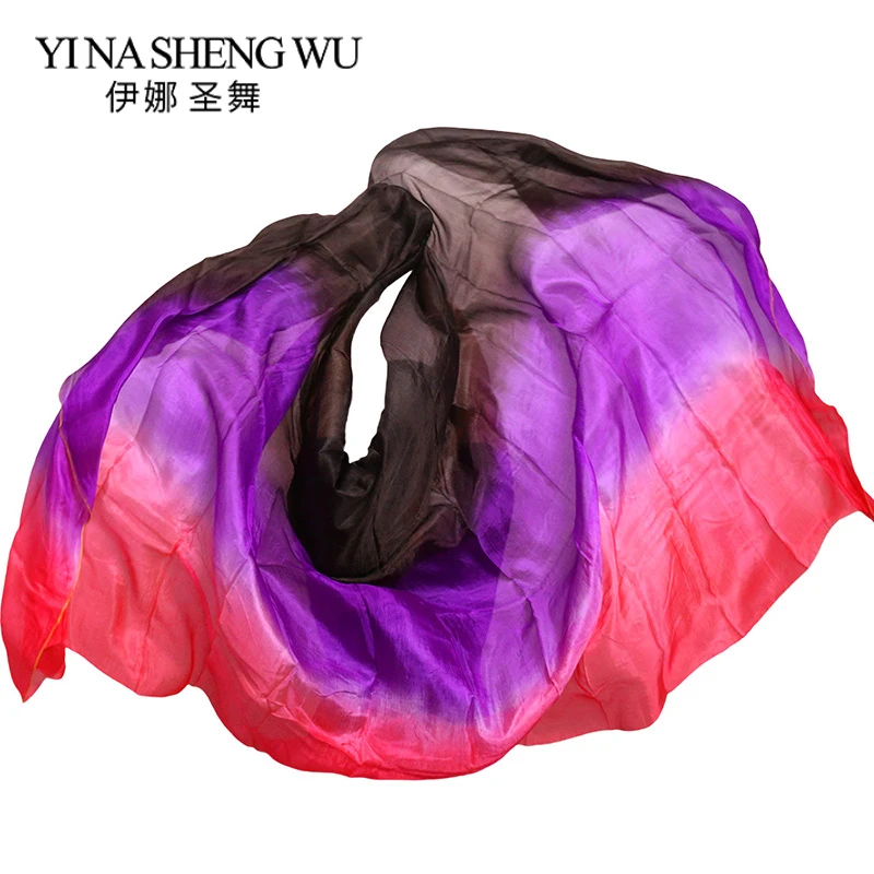 

High Quality 1 pc Dance Veils Handmade Dyed Natural Silk Belly Dance Veil Black+Purple+Red color 250/270*114cm Belly Dance Props