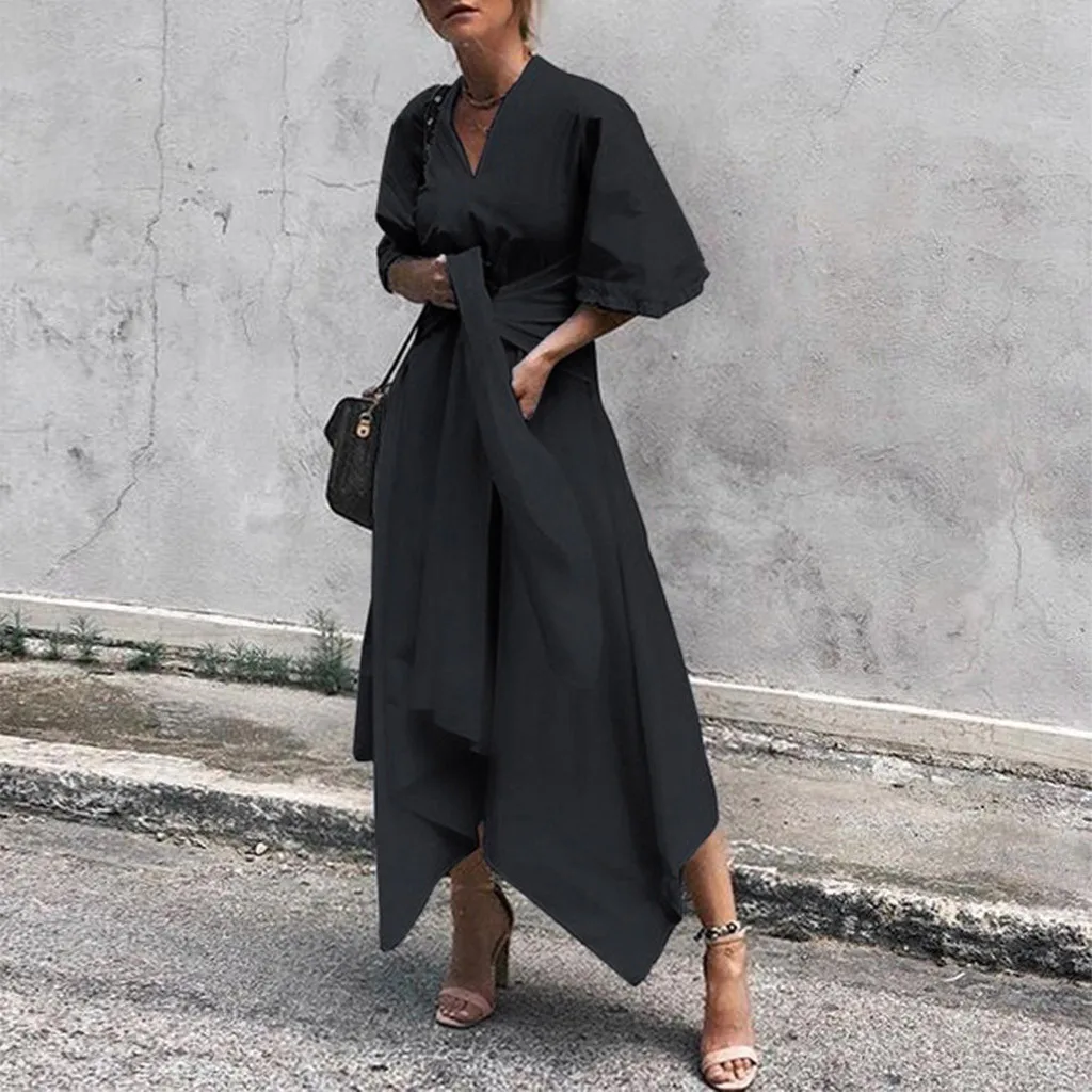 Vestidos Women Dress Plus Size V Neck Short Sleeve Solid Evening Party Maxi Dress Vintage Asymmetrical Cross Belt Long Dress
Vestidos Women Dress Plus Size V Neck Short Sleeve Solid Evening Party Maxi Dress Vintage Asymmetrical Cross Belt Long Dress