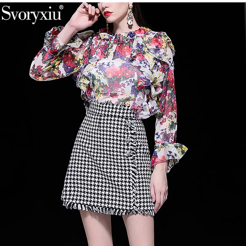 Svoryxiu High End Runway Skirt Suit Women's Floral Print Ruffles Chiffon Blouse + Zebra Button Houndstooth Skirts Two Piece Set
Svoryxiu High End Runway Skirt Suit Women's Floral Print Ruffles Chiffon Blouse + Zebra Button Houndstooth Skirts Two Piece Set