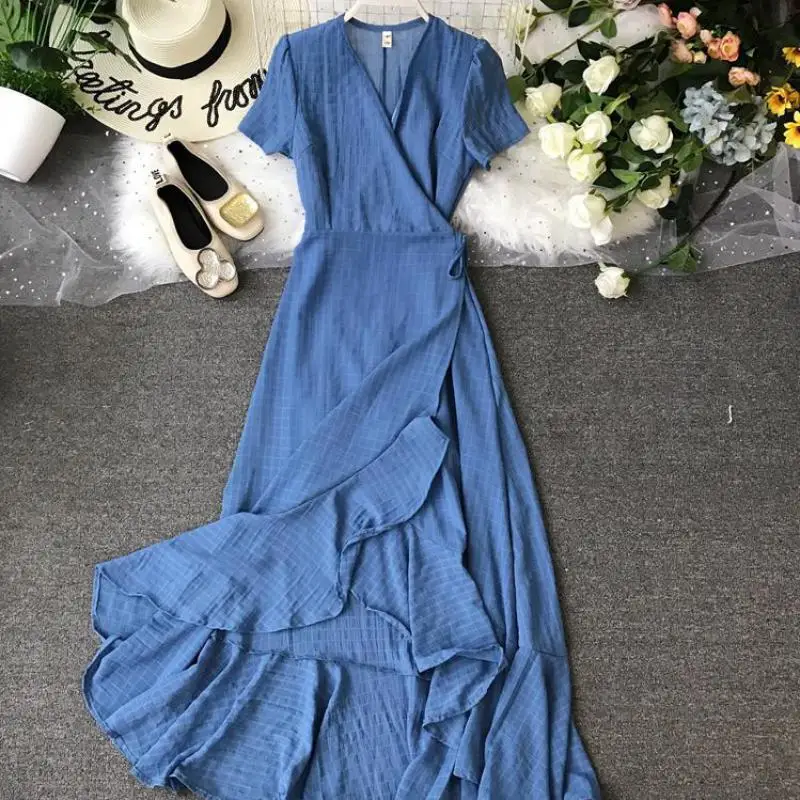 Women Beach Long Dresses 2019 New Summer Short Sleeve V-neck Bandage Dress Ladies Solid Lotus Leaf Hem Casual Robe Vestidos
Women Beach Long Dresses 2019 New Summer Short Sleeve V-neck Bandage Dress Ladies Solid Lotus Leaf Hem Casual Robe Vestidos