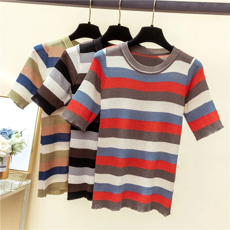 Striped Tshirt Women O-neck Knitted Short Sleeve Stripe Thin T-shirts Sweater Pullover Girls Knitting Stretchy Tees Tops
Striped Tshirt Women O-neck Knitted Short Sleeve Stripe Thin T-shirts Sweater Pullover Girls Knitting Stretchy Tees Tops