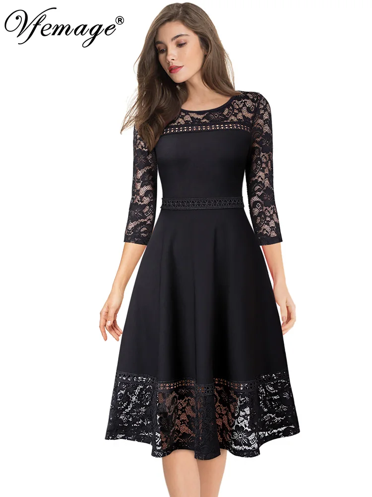 

Vfshow Womens 3/4 Sleeves Lace Patchwork Illusion Hem Cocktail Casual Party Fit and Flare Skater A-Line Midi Mid-Calf Dress 2090