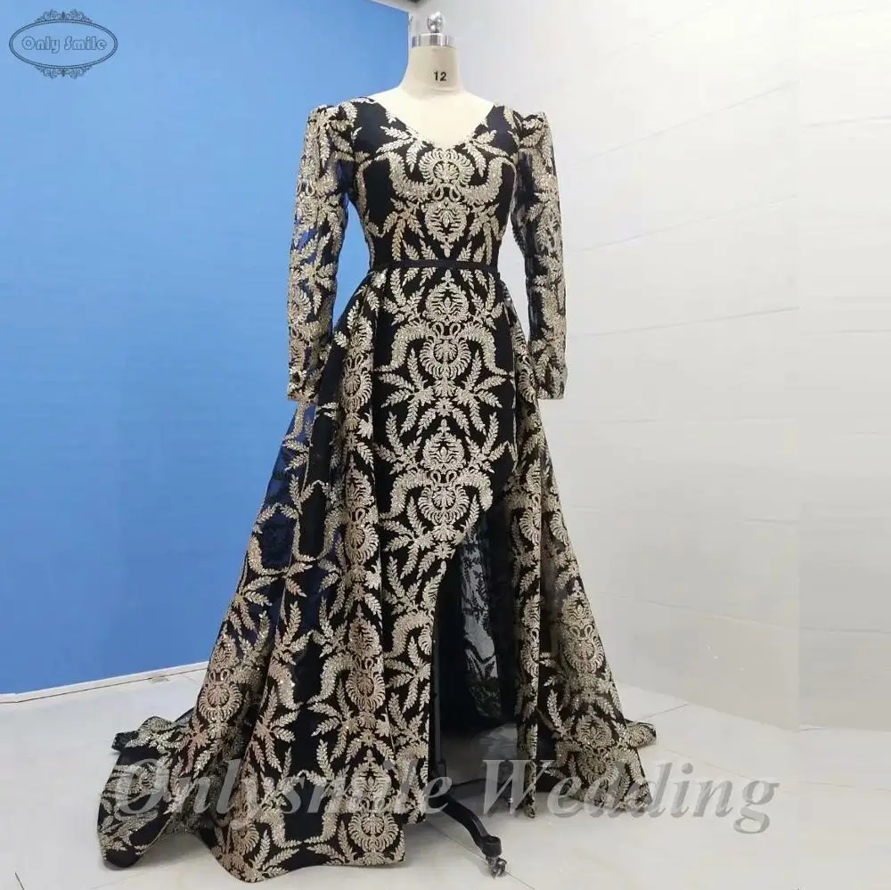 Onlysmile Muslim Long Sleeve Gold Glitters Black Luxury Arabic Evening Dress 2019 with Detachable Skirt Abendkleider Front Split
Onlysmile Muslim Long Sleeve Gold Glitters Black Luxury Arabic Evening Dress 2019 with Detachable Skirt Abendkleider Front Split