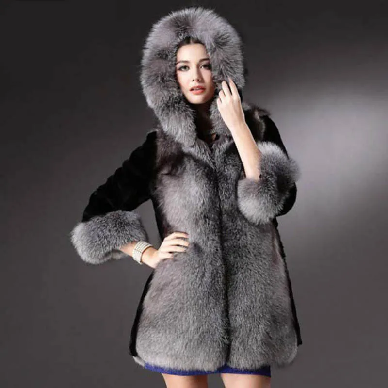 Женское длинное пальто с мехом лисы зимняя теплая куртка кролика Рекс B58 | Женская