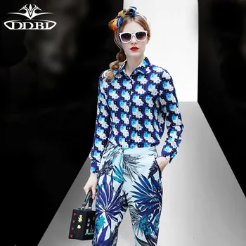 blue blouse + pants blue printed two pieces runway set 2017 spring high quality outfit two pieces clothing set 17509