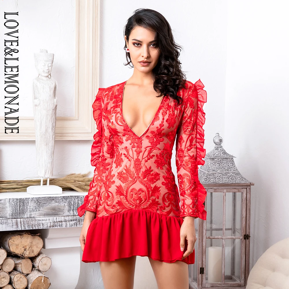 Love&Lemonade Red Deep V-Neck Ruffle Trim Lace Material Long Sleeve Going Out Dress LM81682 RED
Love&Lemonade Red Deep V-Neck Ruffle Trim Lace Material Long Sleeve Going Out Dress LM81682 RED
