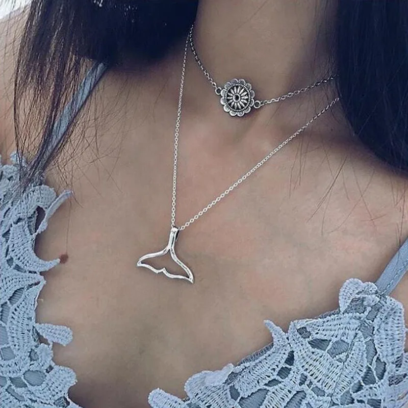 Europe and the United States new double fashion personality retro flower pendant mermaid tail necklace ladies boho style party g 
Europe and the United States new double fashion personality retro flower pendant mermaid tail necklace ladies boho style party g