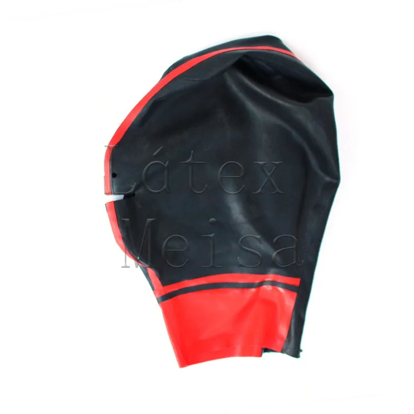 Adult's black latex hood open mouth & nostrils with red trim color decoration attached back zipper
Adult's black latex hood open mouth & nostrils with red trim color decoration attached back zipper