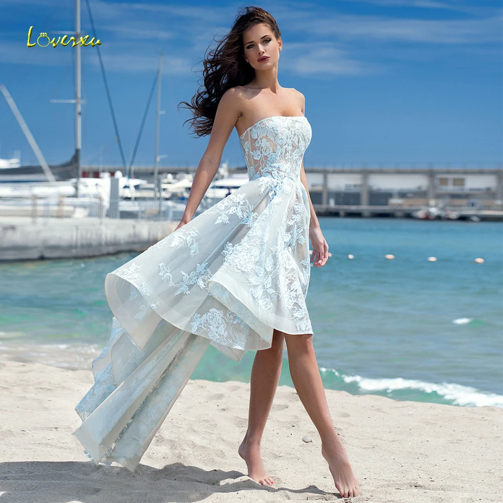 Loverxu Strapless A Line Hi-Lo Graduation Dress Appliques Sleeveless Backless Organza Knee-Length Homecoming Dresses Ever Pretty | Свадьбы и