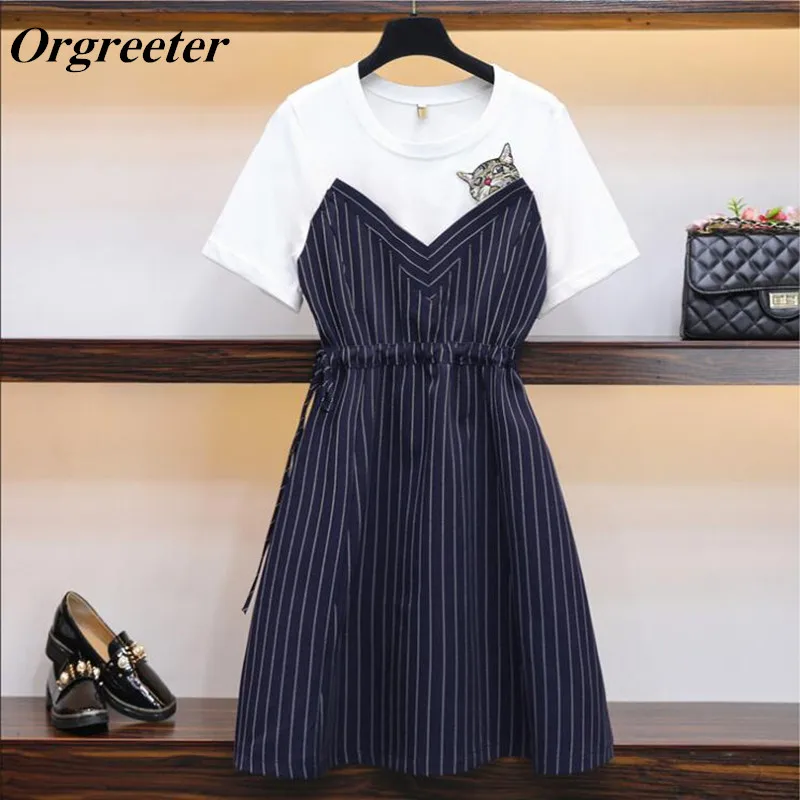 Plus size Women Student Casual Dress 2019 Summer New Arrival Cartoon Animal Appliques Fake two-piece Striped Stitching Dress
Plus size Women Student Casual Dress 2019 Summer New Arrival Cartoon Animal Appliques Fake two-piece Striped Stitching Dress