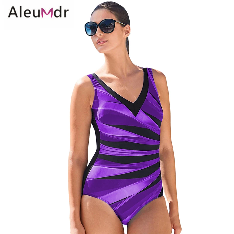 Aleumdr one-piece костюм женский фиолетовый плюс размер Полосатый Принт V шеи Майо