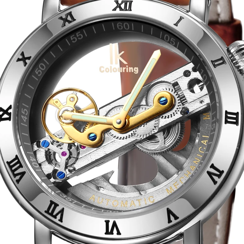 IK Perspective Design Hollow Engraving Gold Case Leather Skeleton Automatic Mechanical Watches Men Luxury Brand Heren Horloge | Наручные