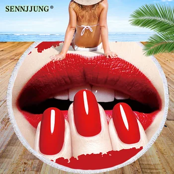 

Round Sexy Lips Beach Towel with Tassels 150cm Bath Sport Travel Towels Bath Towel Travel Portable Microfiber Throw Blanket