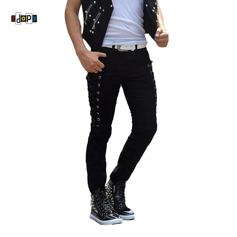 Новинка обтягивающие джинсы Idopy мужские брюки стрейч в стиле панк со шнуровкой