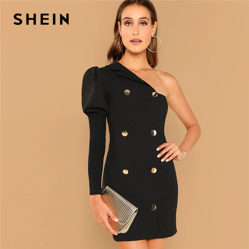 SHEIN Black Party Double Breasted One Shoulder Puff Sleeve Natural Waist Solid Dress 2018 Autumn Fashion Casual Women Dresses
SHEIN Black Party Double Breasted One Shoulder Puff Sleeve Natural Waist Solid Dress 2018 Autumn Fashion Casual Women Dresses