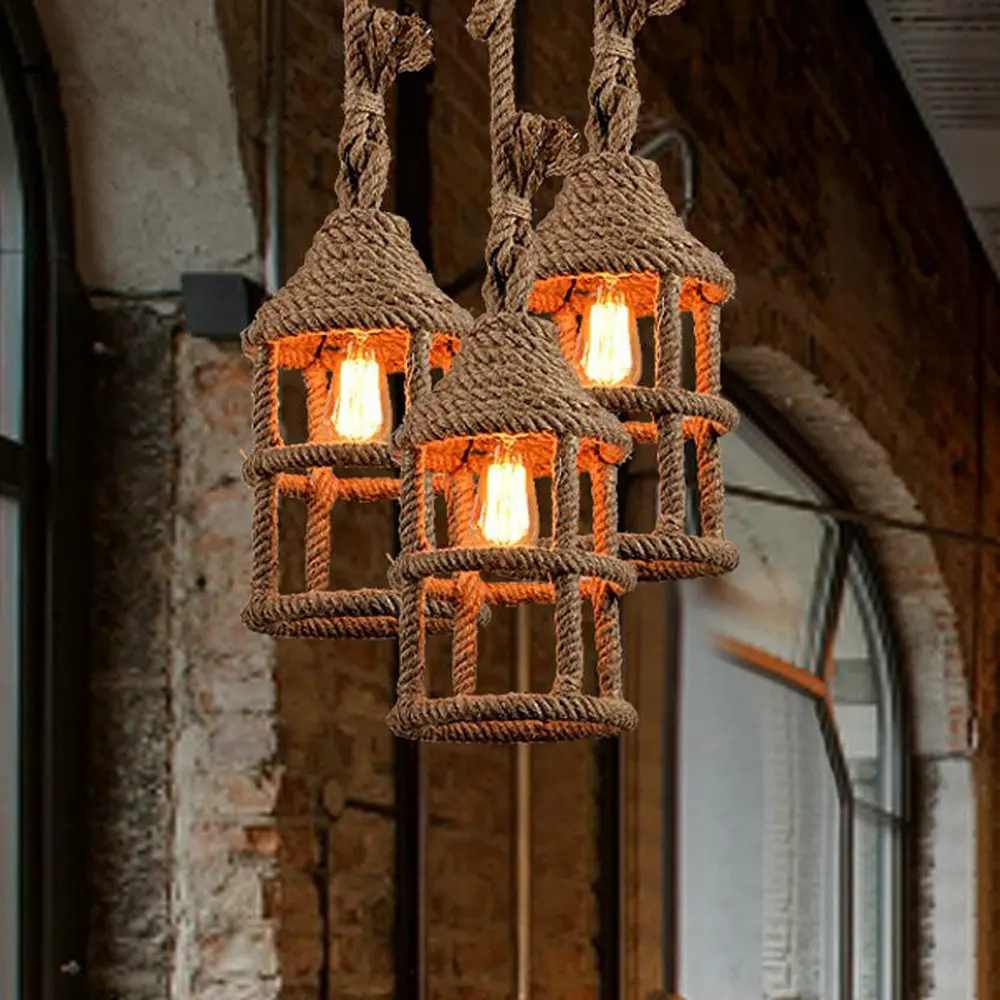 

Wicker Loft Iron Rope Droplight Edison Industrial Vintage Pendant Light Fixtures For Dining Room Bar Hanging Lamp Home Lighting