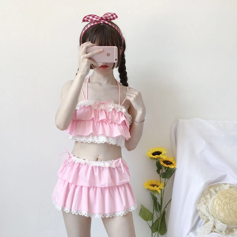 New Arrival Woman Lolita Bikini Cosplay Pink And Black Color Swimsuit Hollowed Multilayer Hem Biquini Women Swimsuit Free Delive New Arrival Woman Lolita Bikini Cosplay Pink And Black Color Swimsuit Hollowed Multilayer Hem Biquini Women Swimsuit Free Delive