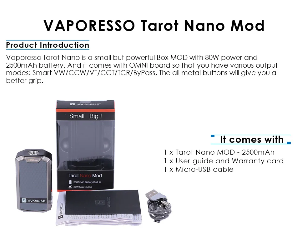 Original Vaporesso Tarot Nano Mod Electronic Cigarette vape mod Battery 2500mAh TC Box MOD 80W for VECO EUC Tank 2ml VW/VT modes