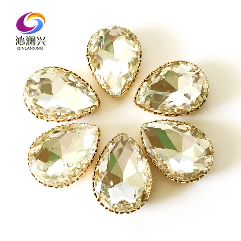 White color Drop shape top glass crystal lace claw rhinestones,golden base sew on stone for Diy/Clothing accessories HGS01
White color Drop shape top glass crystal lace claw rhinestones,golden base sew on stone for Diy/Clothing accessories HGS01