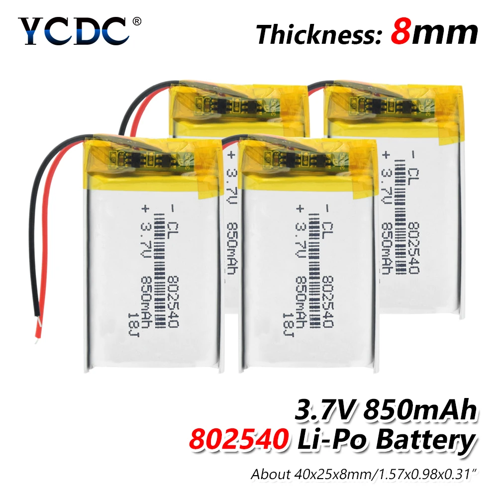 Rechargeable 3.7V 850mAh 802540 Battery Li-Po Polymer Battery cells Lithium li-ion Lipo For GPS MP3 MP4 LED Light RC drone
Rechargeable 3.7V 850mAh 802540 Battery Li-Po Polymer Battery cells Lithium li-ion Lipo For GPS MP3 MP4 LED Light RC drone