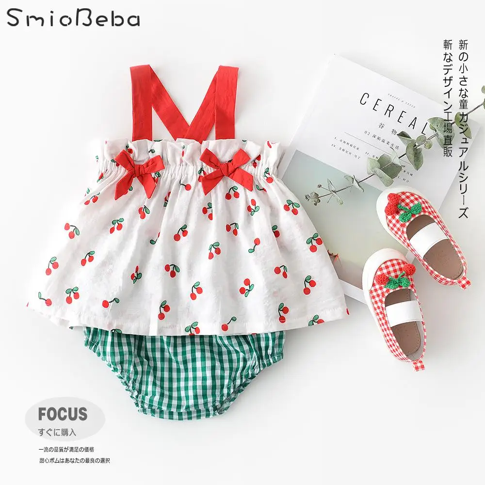 

Baby Girls Cherry Vest Tank Checked Shorts Two-piece Suit Baby Girl Summer Clothes Sleeveless Top Shirts PP Pants 2PCS Sets Kids